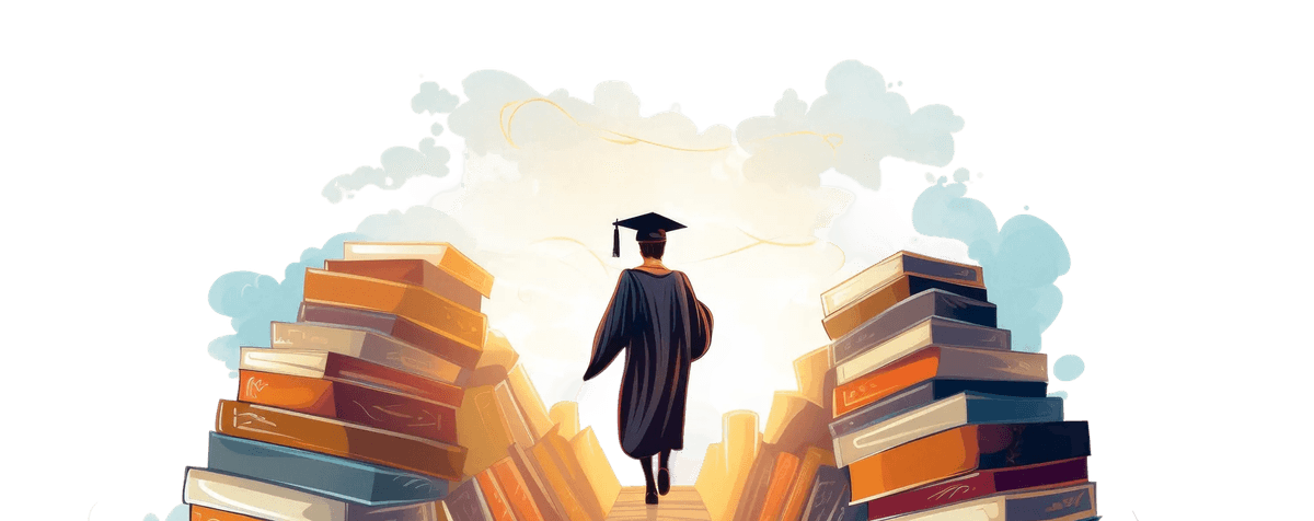 Student climbing books towards success